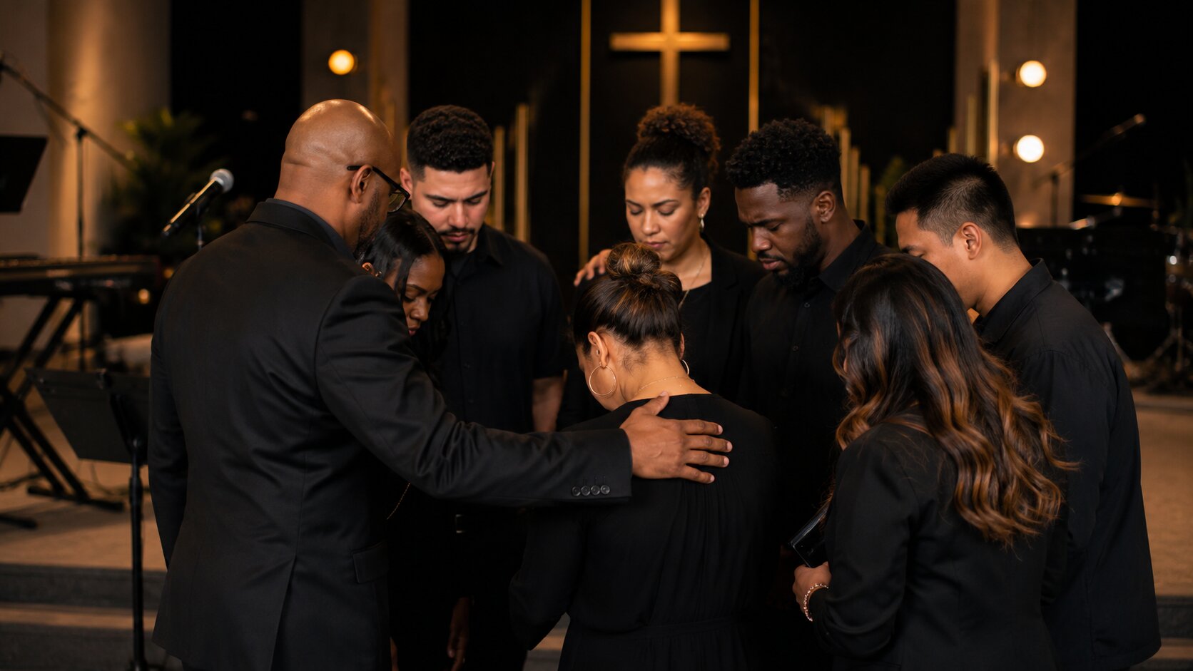 A worship leader and team praying together in a circle before serving.