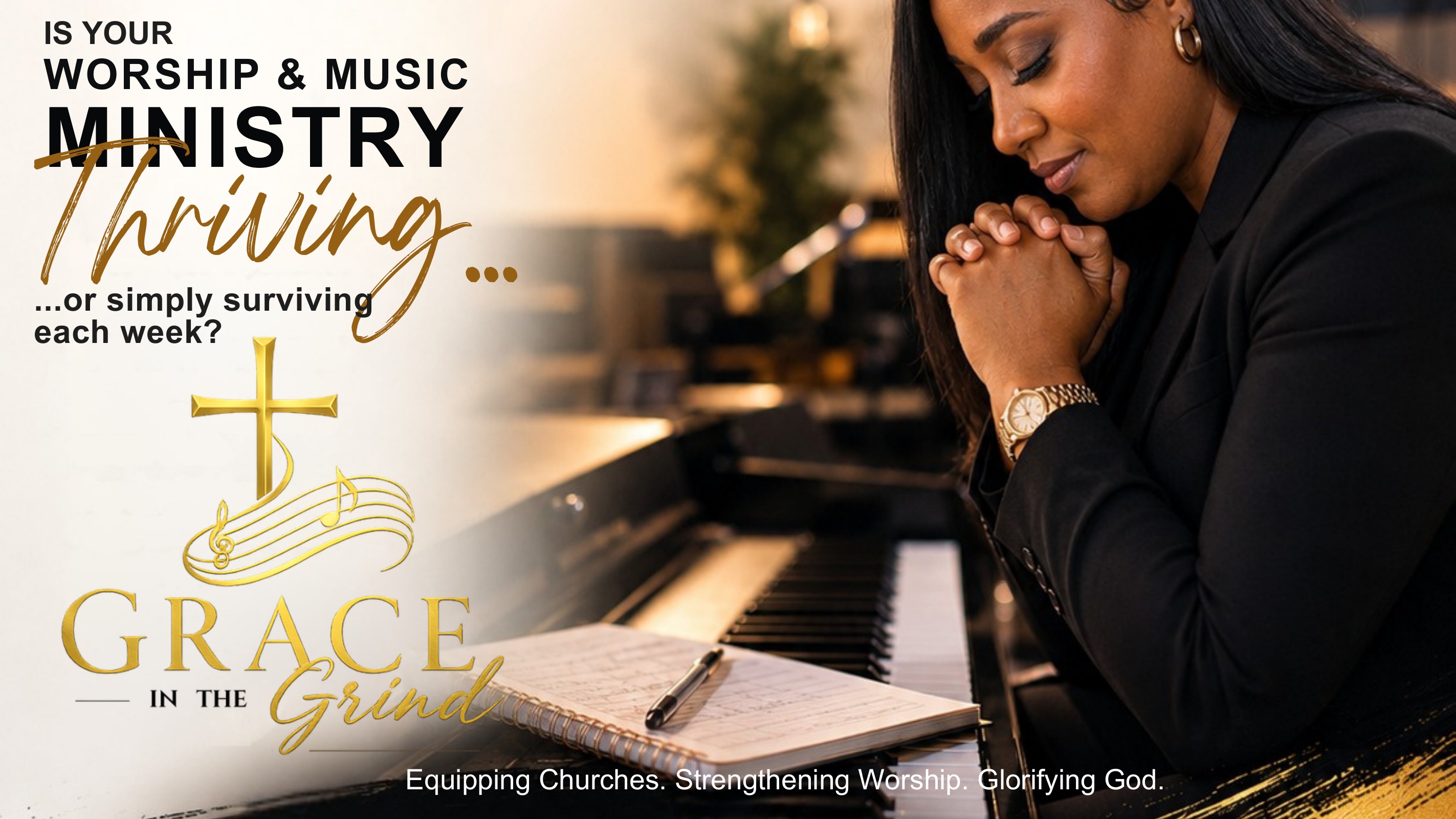 Felecia Blackmon, founder of Grace In The Grind, in prayer at a piano with a worship planning notebook.