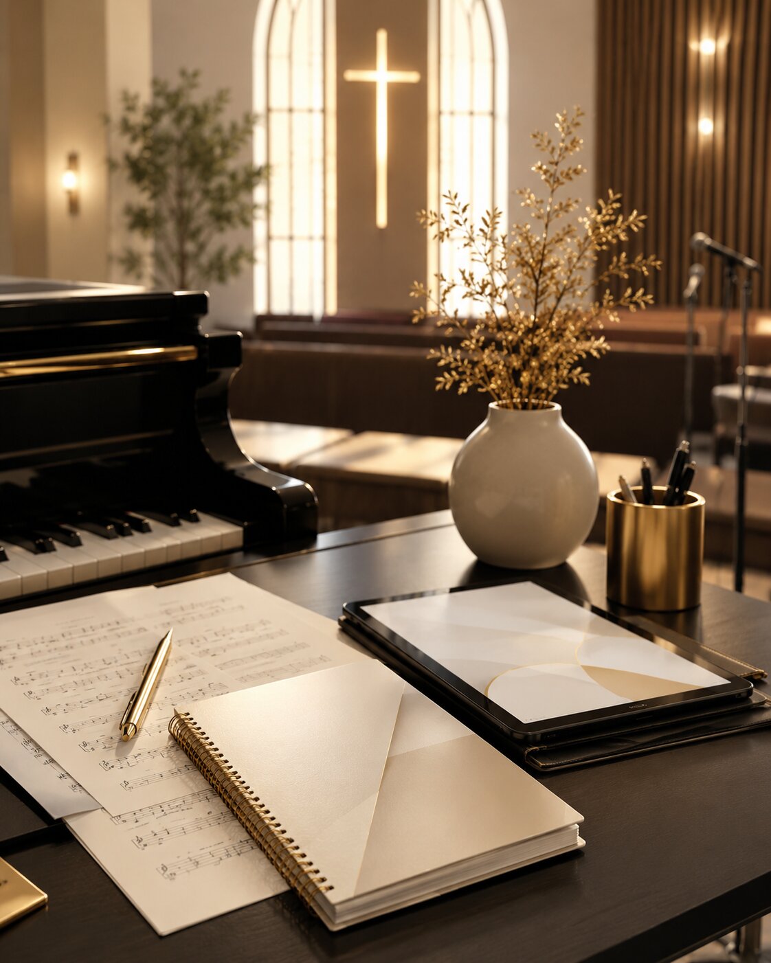 Sheet music, a notebook, and a piano laid out for a worship-planning session.