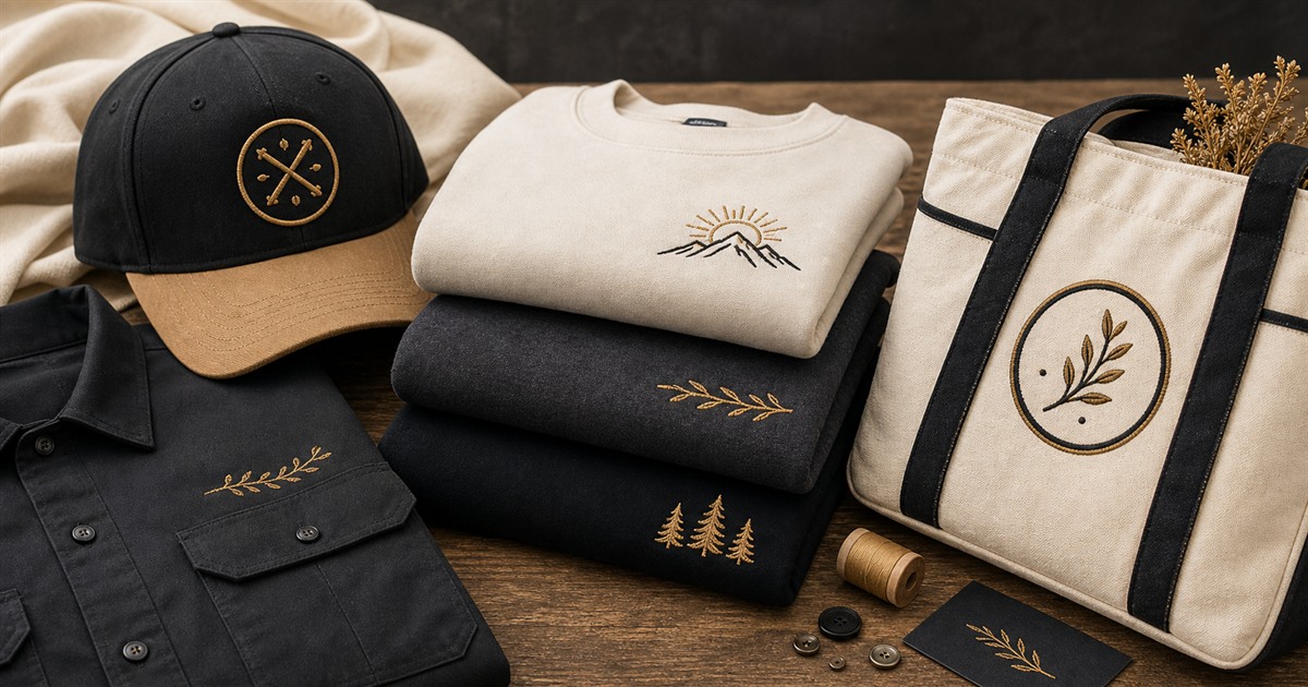 Embroidered cap, folded shirts, and tote bag in a coordinated black, cream, and gold palette.